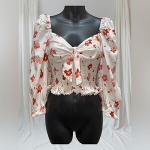Zara White and Red Linen Blend Floral Crop Top size XS